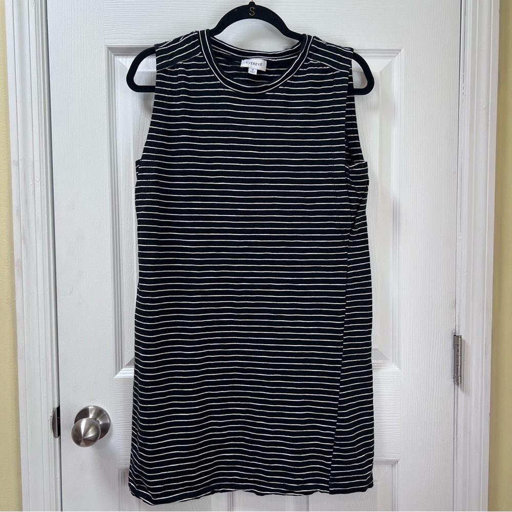 Evereve Black and White Stripe Cotton Knit Sleeveless Shift Dress Size Medium